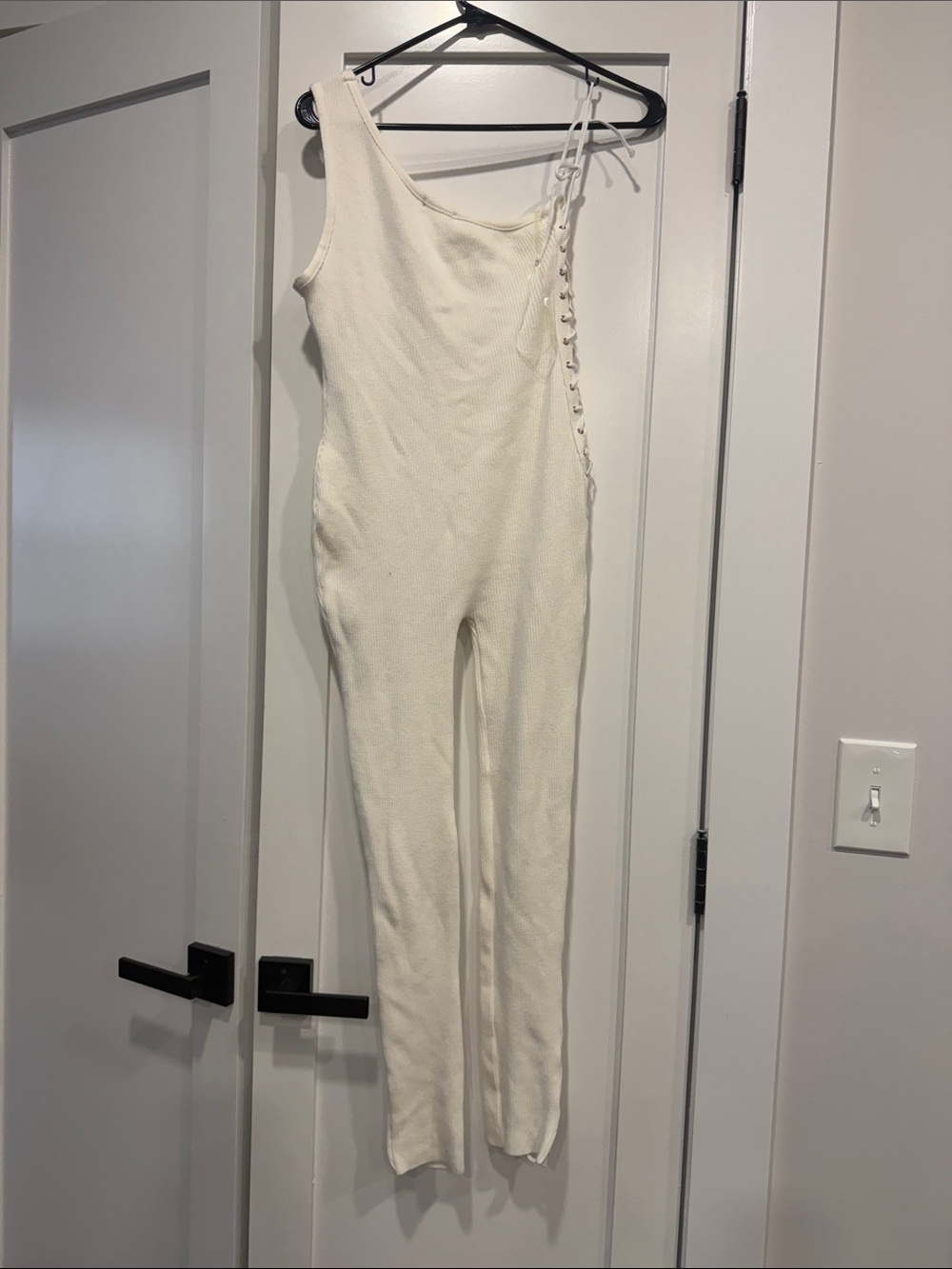 Asymmetric One-Shoulder white Knit Jumpsuit with Side Lace-Up